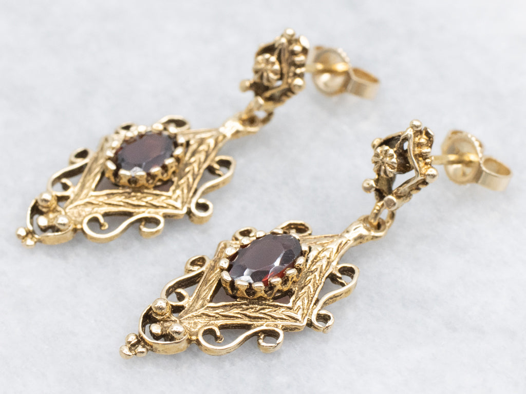 Ornate Gold and Garnet Gemstone Drop Earrings
