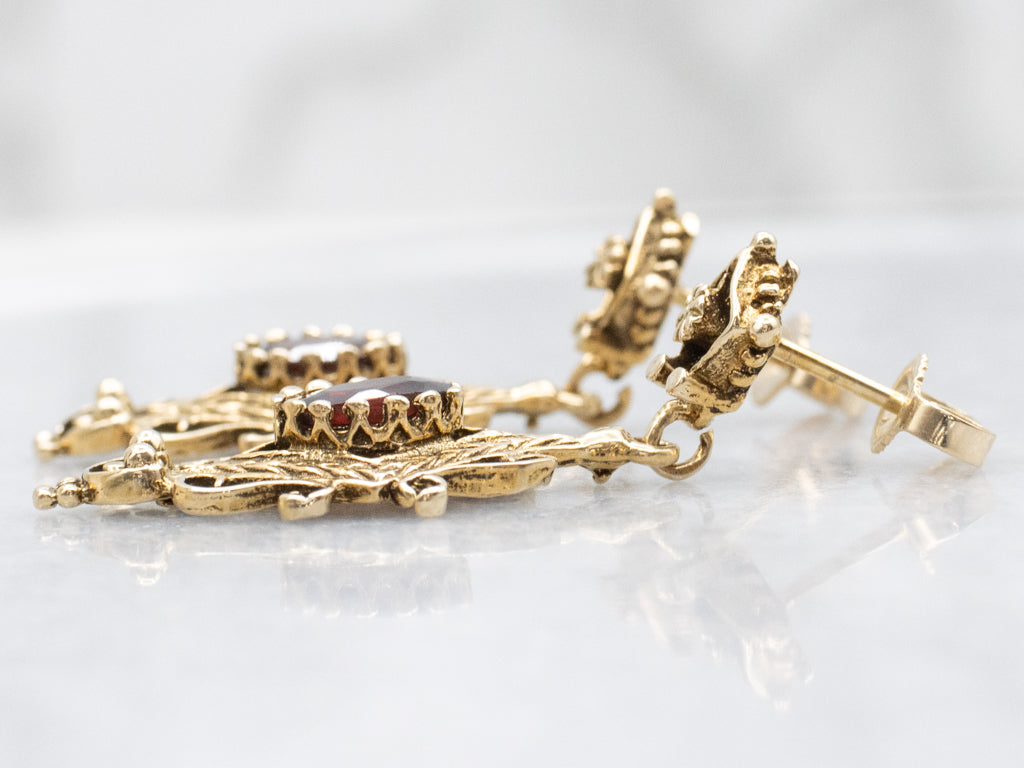 Ornate Gold and Garnet Gemstone Drop Earrings