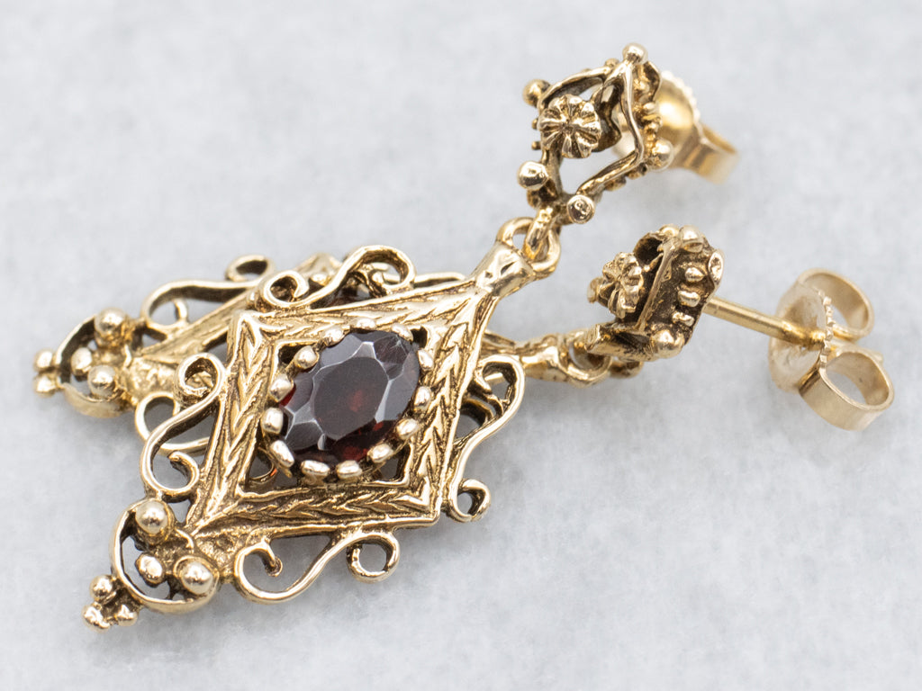 Ornate Gold and Garnet Gemstone Drop Earrings