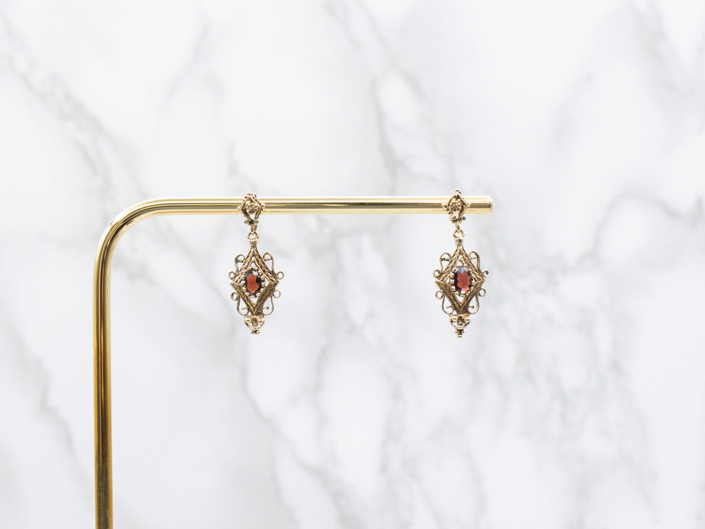 Ornate Gold and Garnet Gemstone Drop Earrings