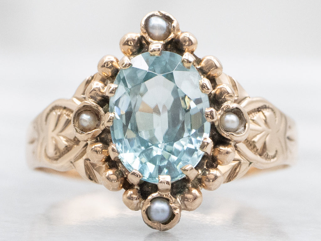 Blue Zircon and Pearl Victorian-Era Ring