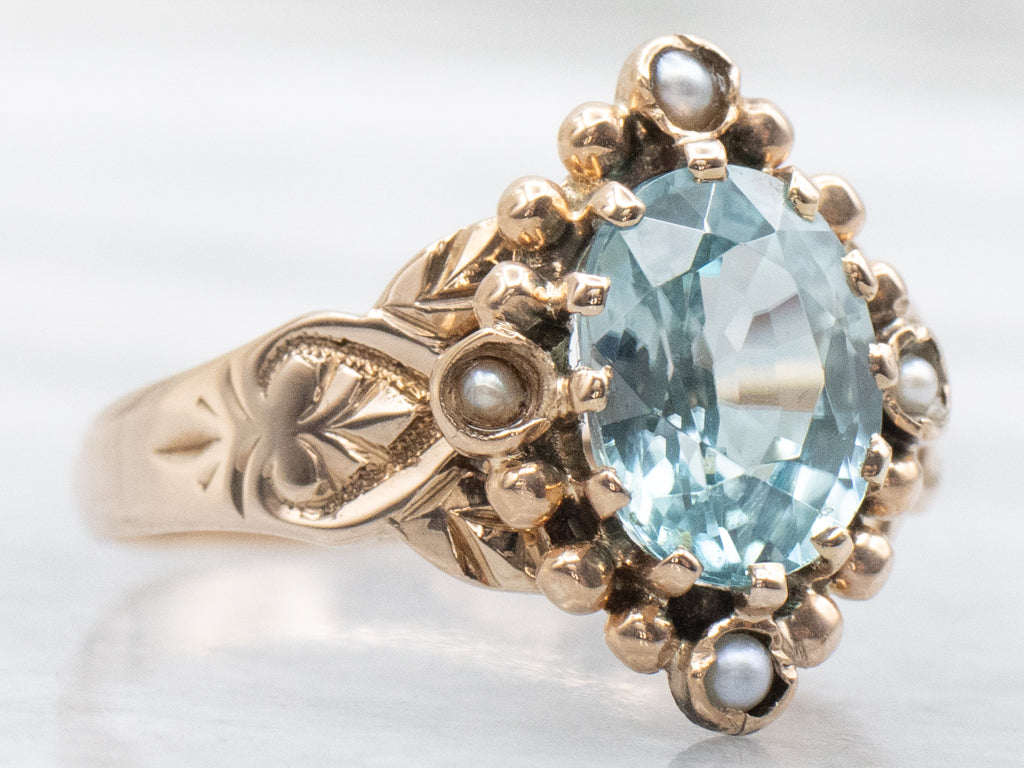Blue Zircon and Pearl Victorian-Era Ring
