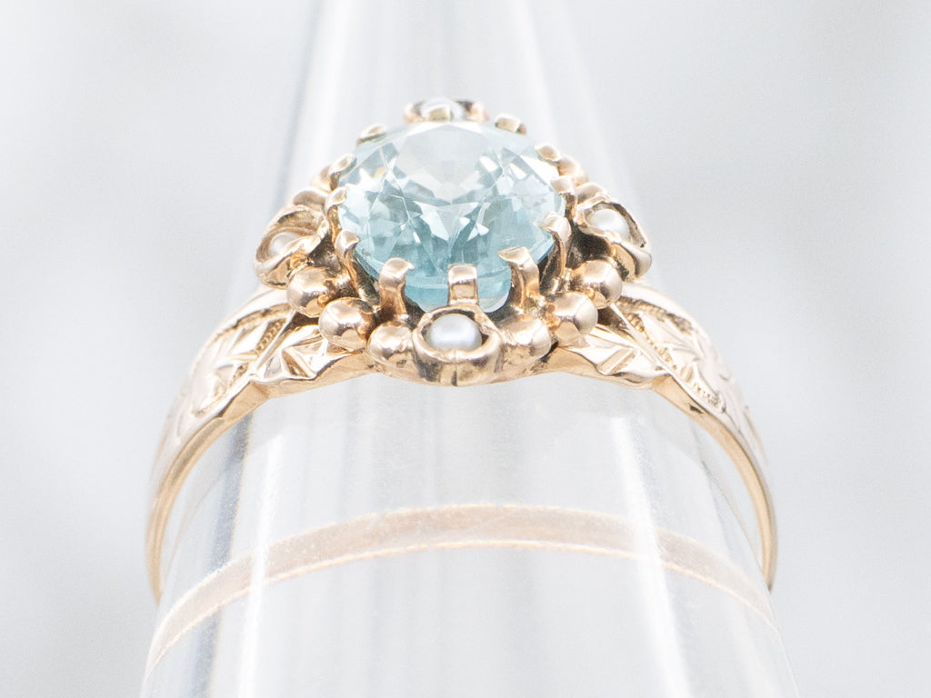 Blue Zircon and Pearl Victorian-Era Ring