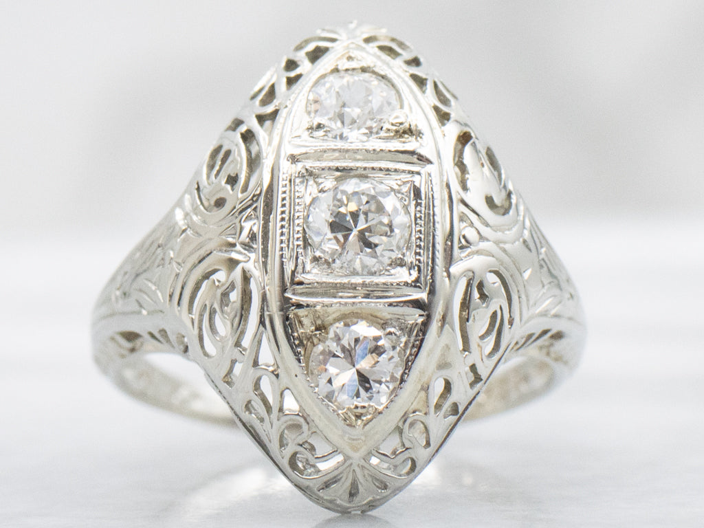 Triple Diamond White Gold Art Deco Dinner Ring