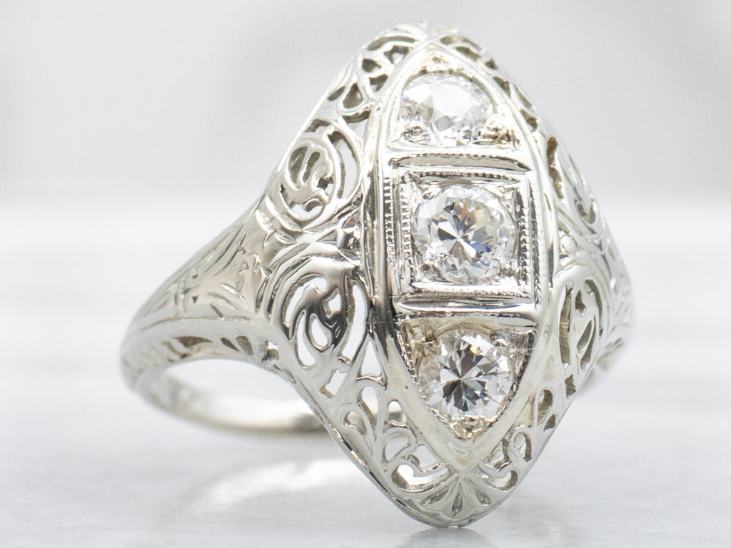Triple Diamond White Gold Art Deco Dinner Ring