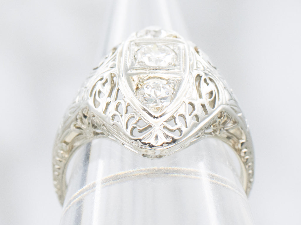 Triple Diamond White Gold Art Deco Dinner Ring