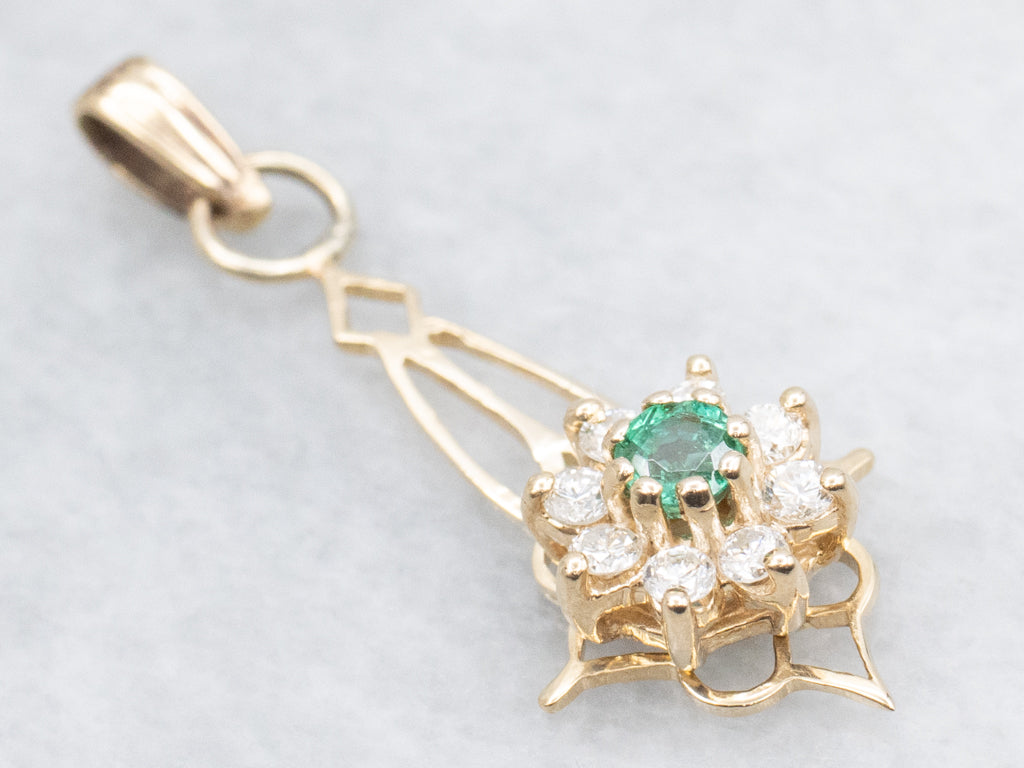 Gold Emerald and Diamond Floral Lavalier Pendant