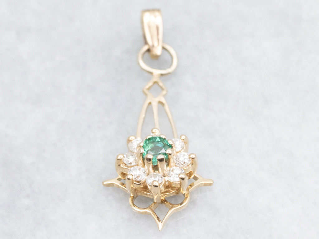Gold Emerald and Diamond Floral Lavalier Pendant