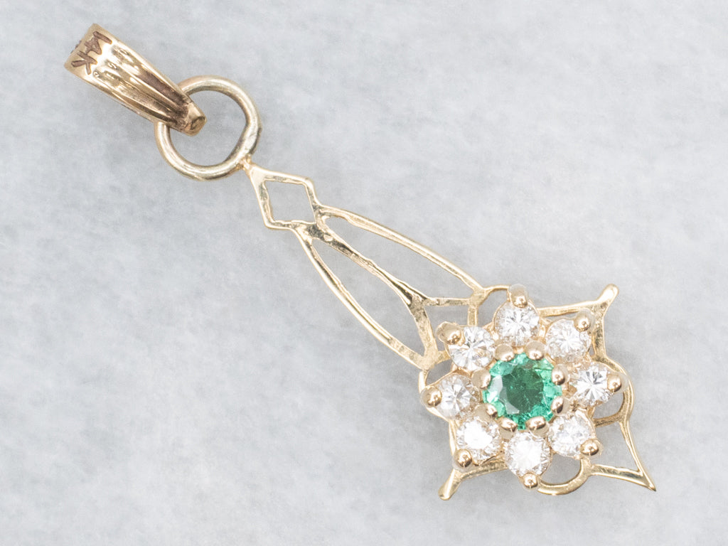 Gold Emerald and Diamond Floral Lavalier Pendant