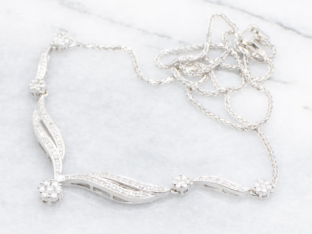 White Gold Diamond Encrusted Necklace with Cluster Pendant
