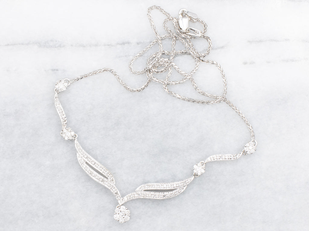 White Gold Diamond Encrusted Necklace with Cluster Pendant