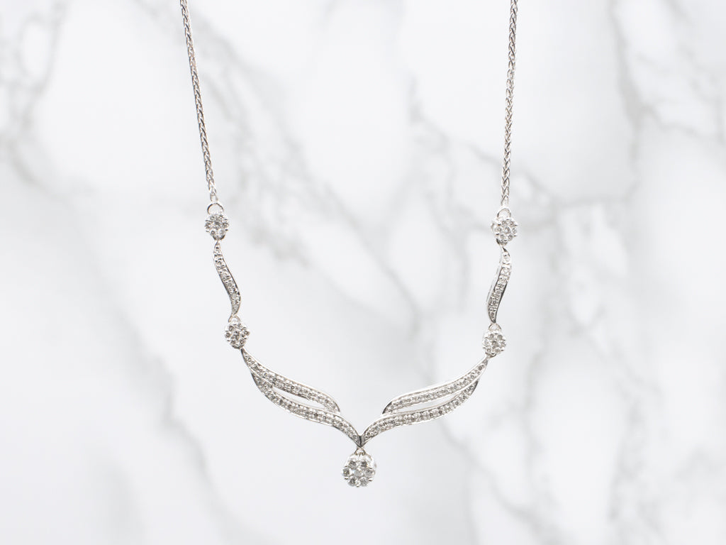 White Gold Diamond Encrusted Necklace with Cluster Pendant