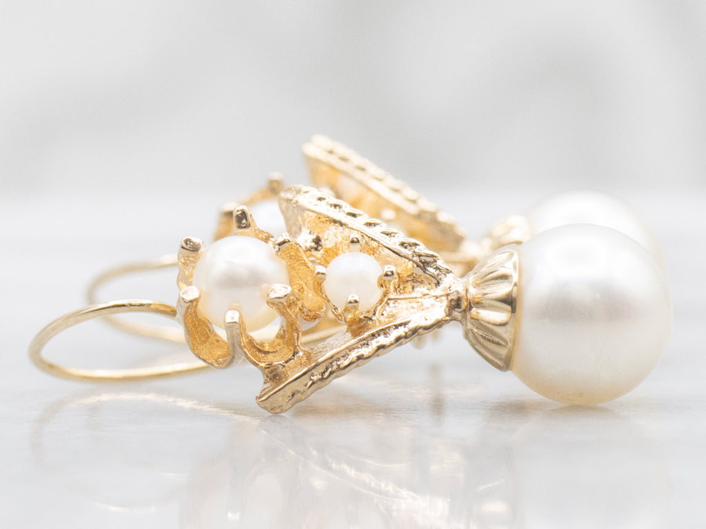 Vintage Yellow Gold Pearl Drop Earrings