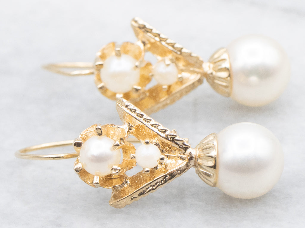 Vintage Yellow Gold Pearl Drop Earrings