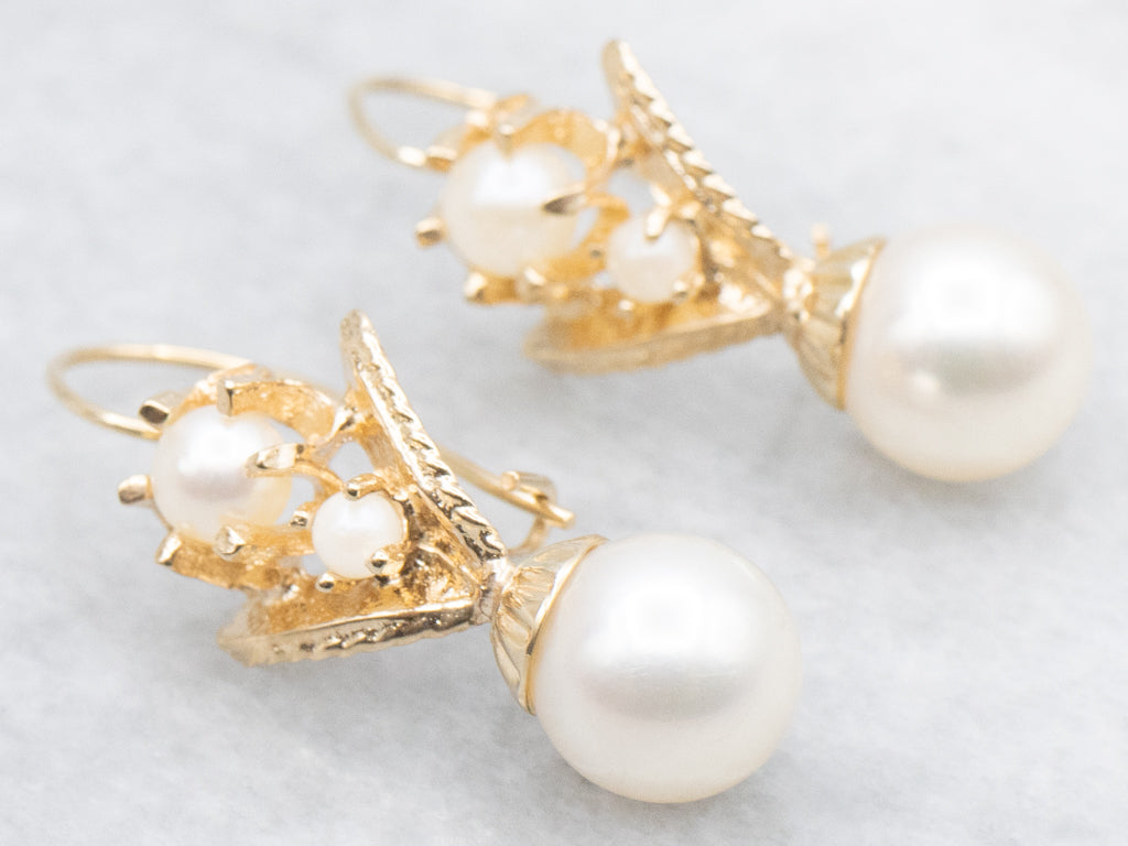 Vintage Yellow Gold Pearl Drop Earrings