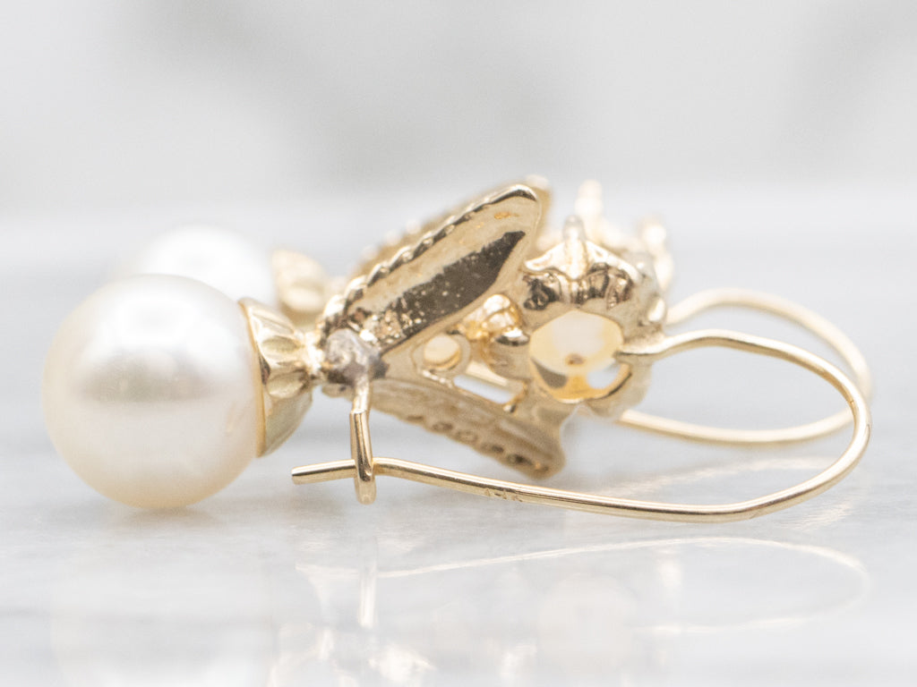 Vintage Yellow Gold Pearl Drop Earrings