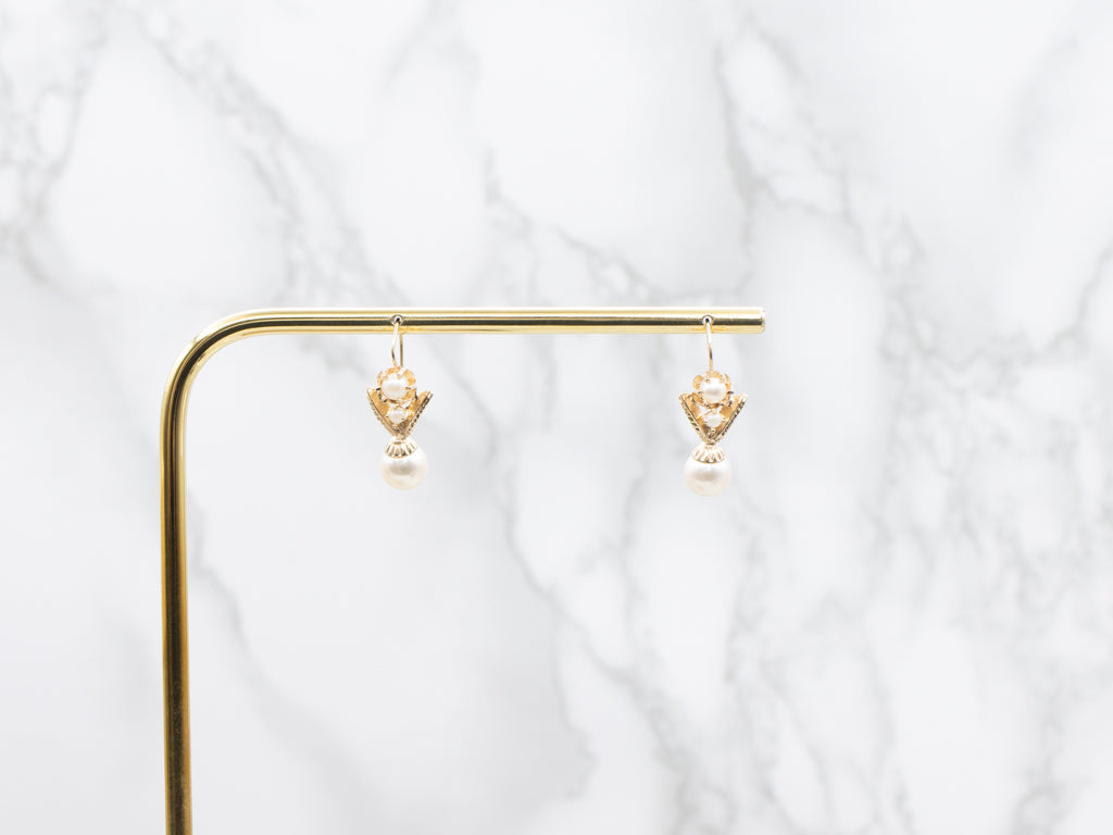 Vintage Yellow Gold Pearl Drop Earrings