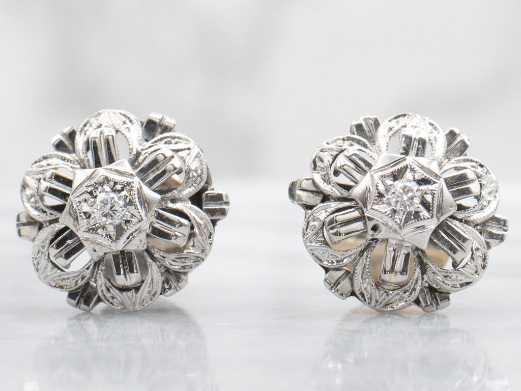 Late Art Deco Era White Gold Diamond Stud Earrings
