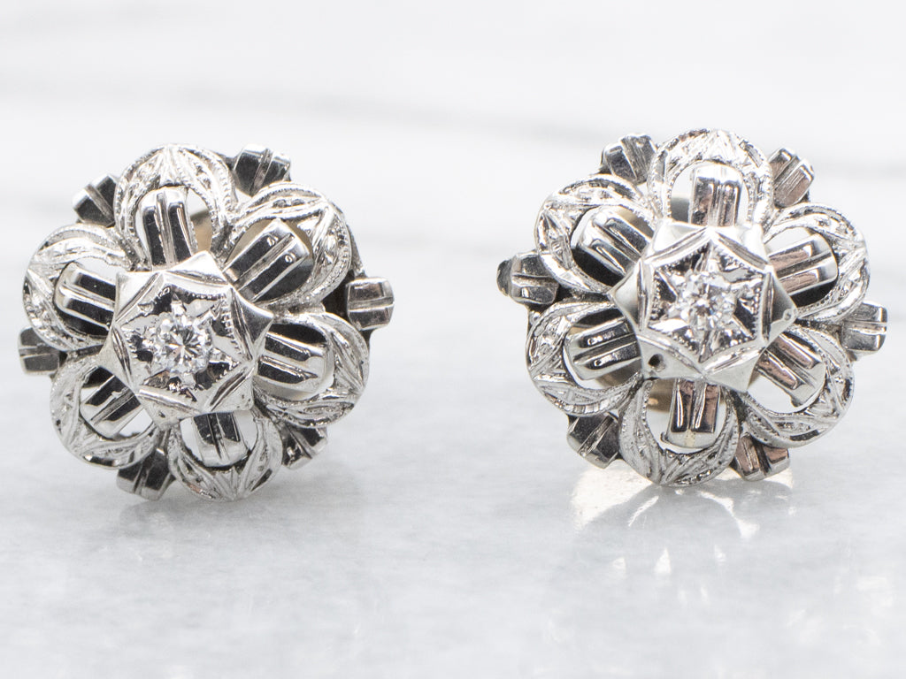 Late Art Deco Era White Gold Diamond Stud Earrings