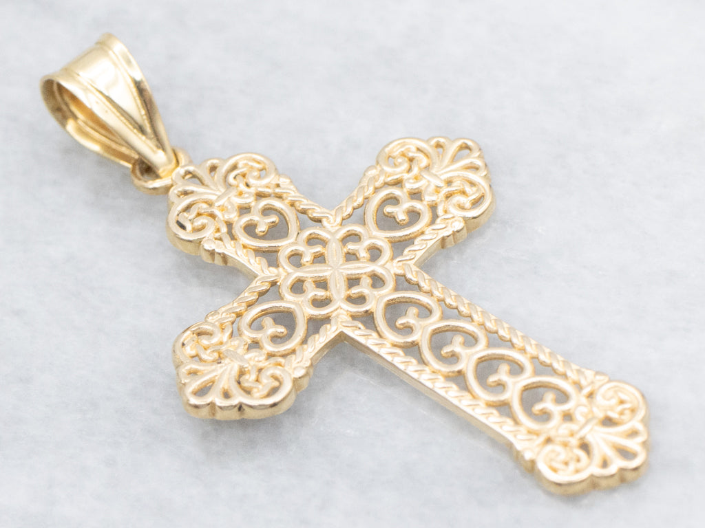 Scrolling 18-Karat Yellow Gold Filigree Cross Pendant