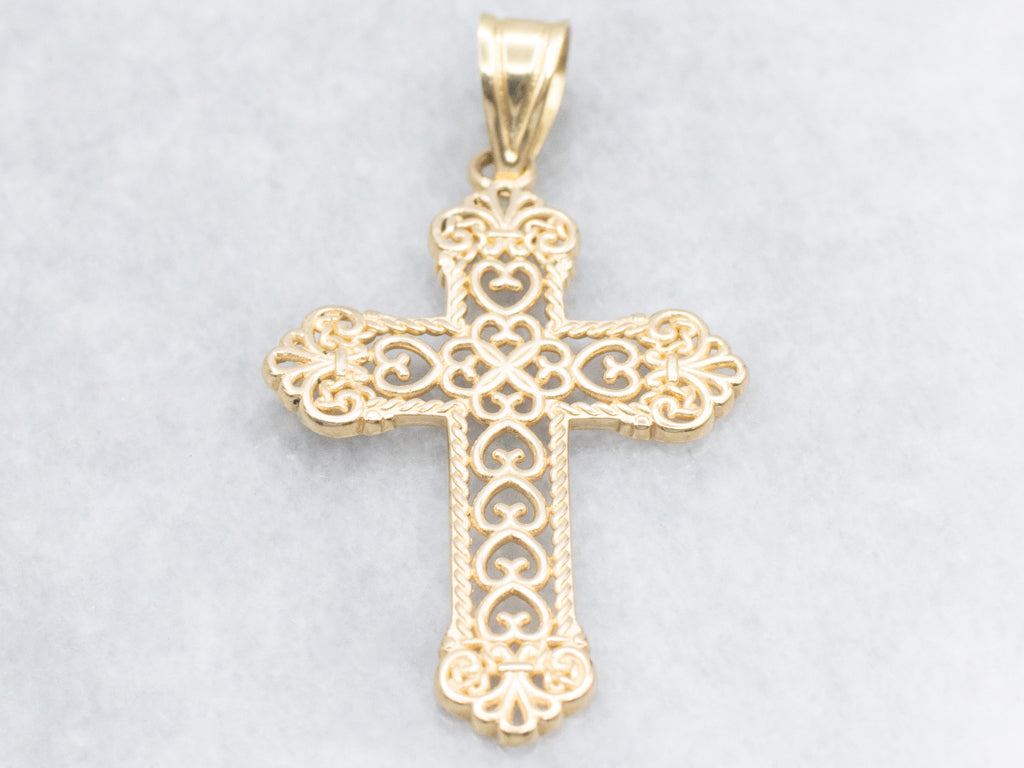 Scrolling 18-Karat Yellow Gold Filigree Cross Pendant