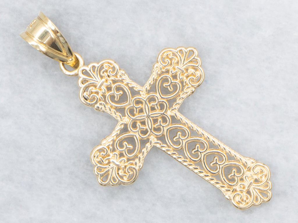 Scrolling 18-Karat Yellow Gold Filigree Cross Pendant