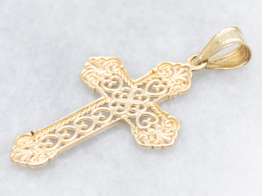 Scrolling 18-Karat Yellow Gold Filigree Cross Pendant