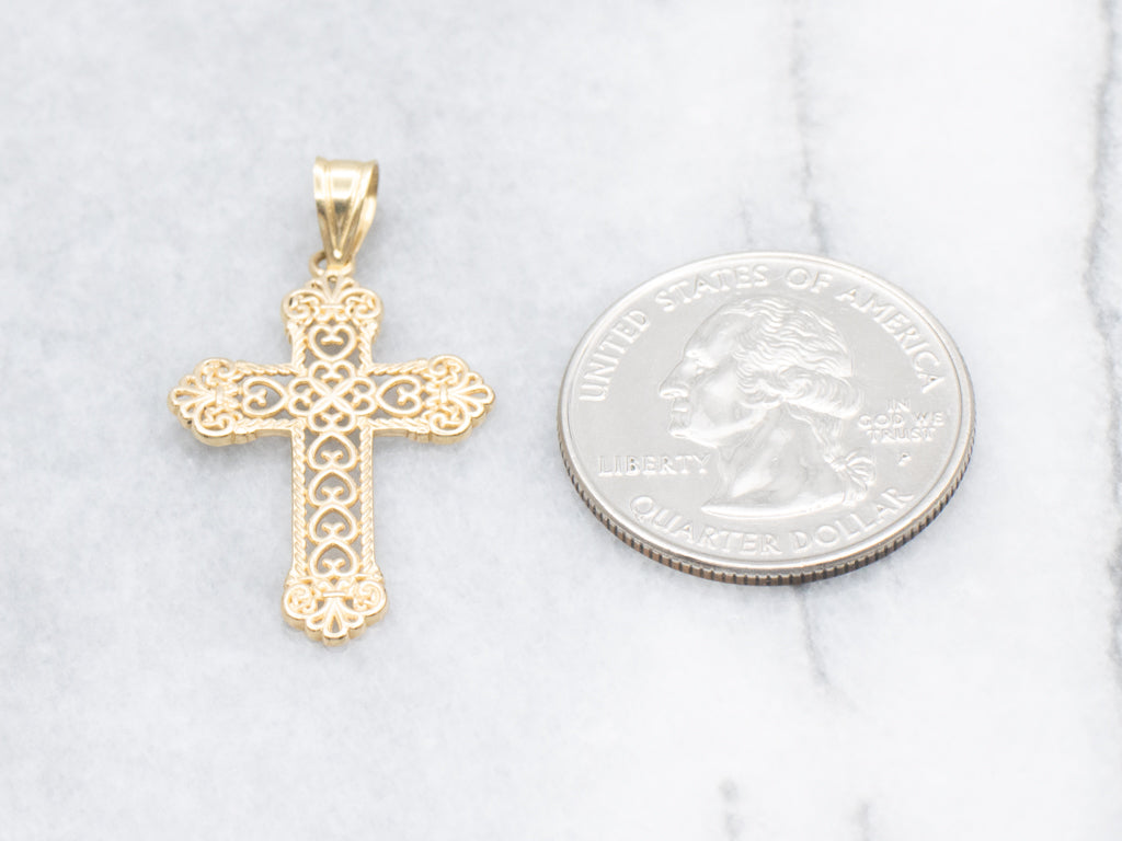 Scrolling 18-Karat Yellow Gold Filigree Cross Pendant