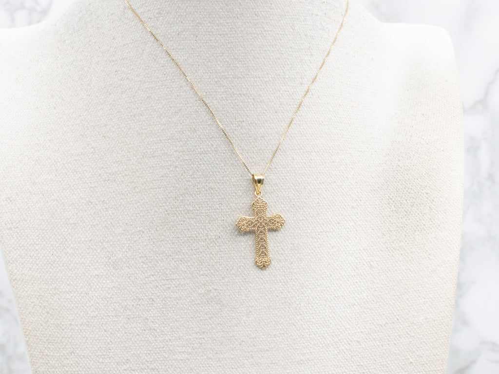 Scrolling 18-Karat Yellow Gold Filigree Cross Pendant