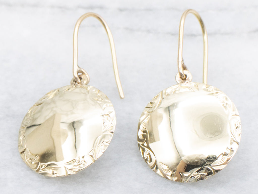 Vintage Gold Cufflink Conversion Drop Earrings with Engraved Border