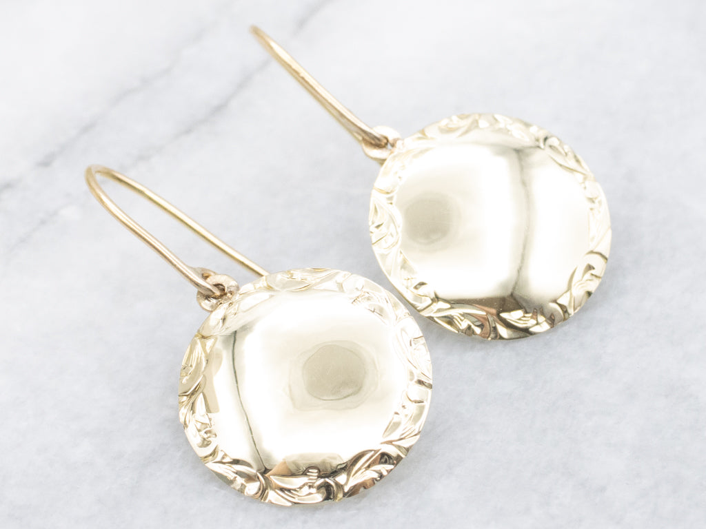 Vintage Gold Cufflink Conversion Drop Earrings with Engraved Border