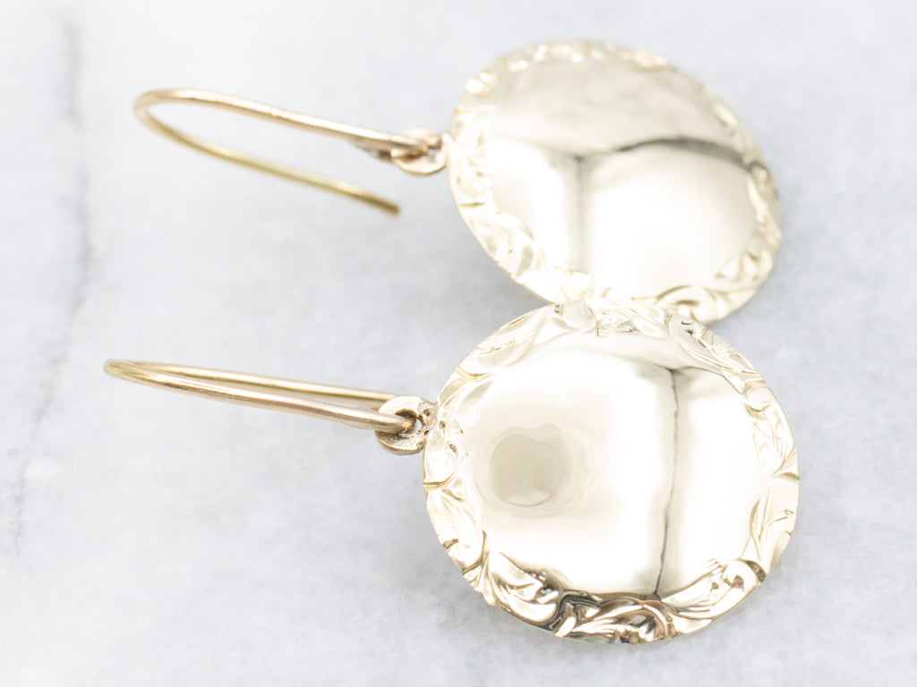 Vintage Gold Cufflink Conversion Drop Earrings with Engraved Border