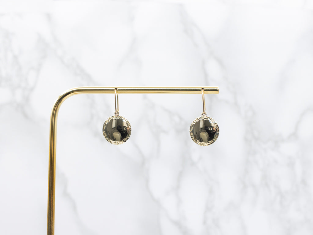 Vintage Gold Cufflink Conversion Drop Earrings with Engraved Border