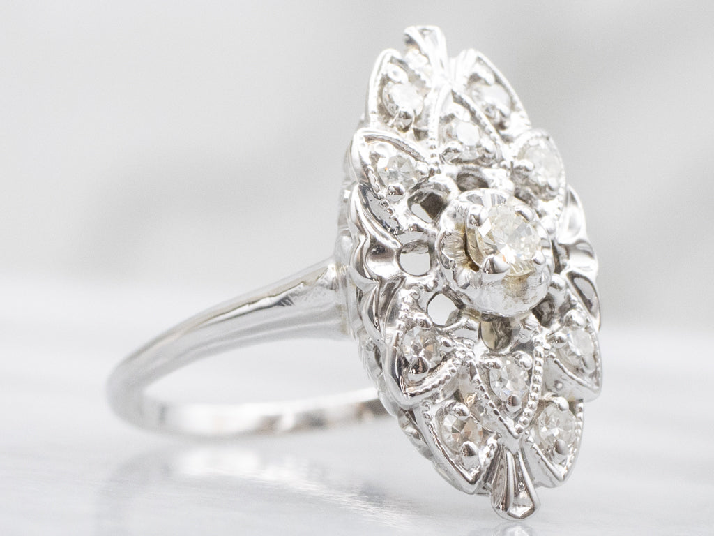 Vintage White Gold Diamond Navette Ring
