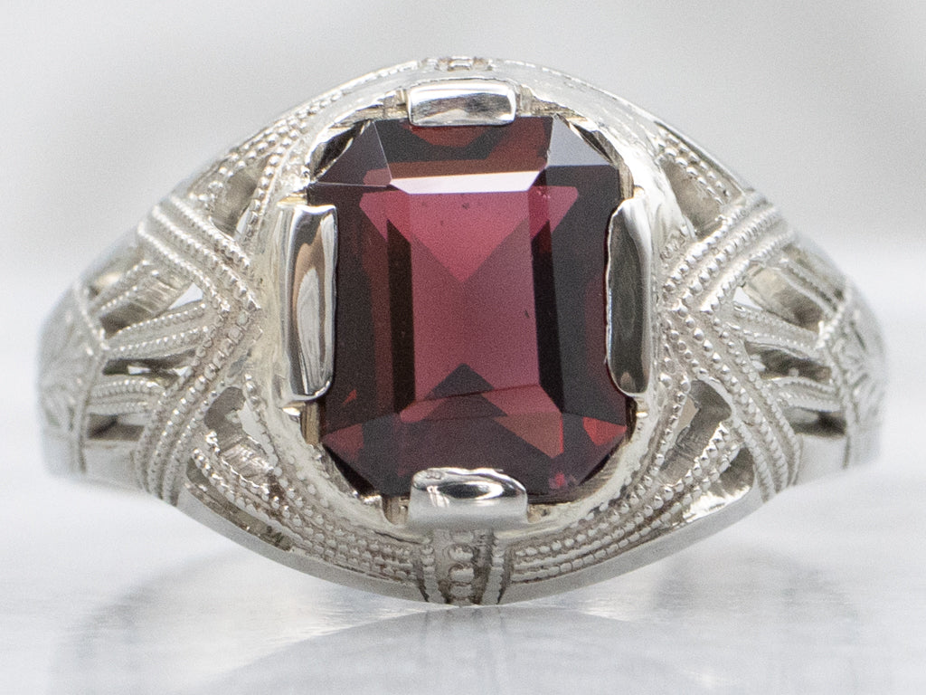 Antique 1920s White Gold and Garnet Solitaire Ring