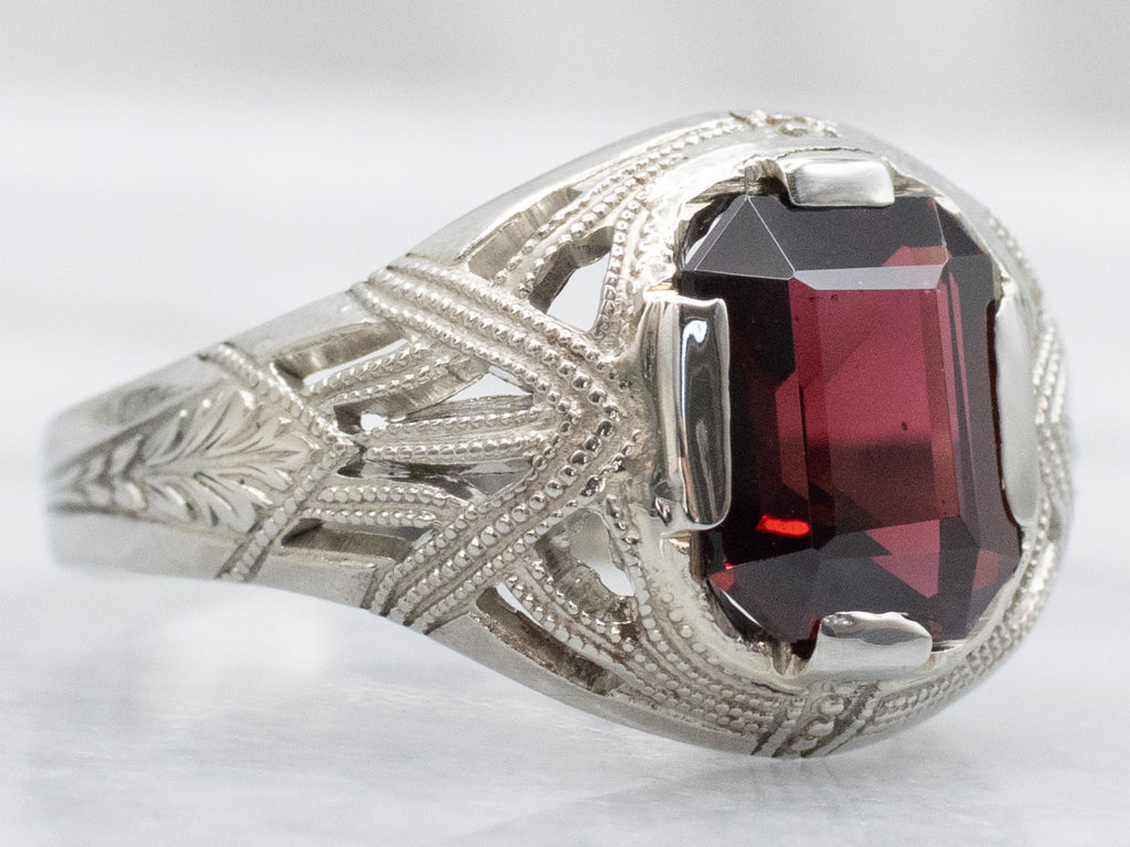 Antique 1920s White Gold and Garnet Solitaire Ring