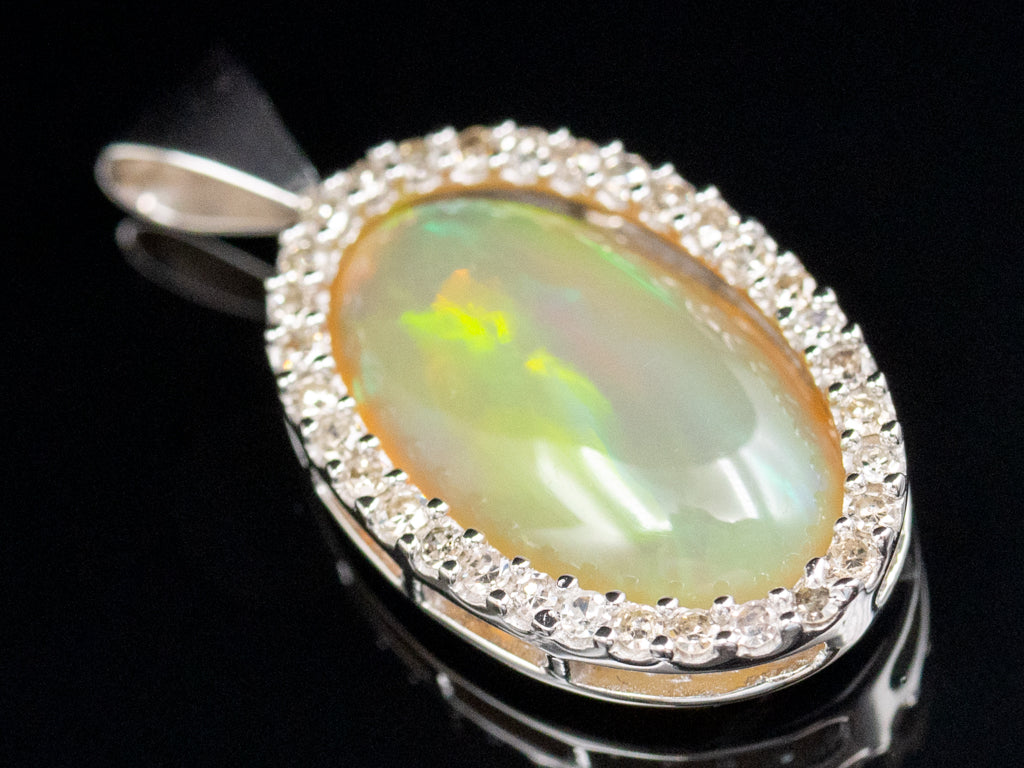 White Gold Opal and Diamond Halo Pendant