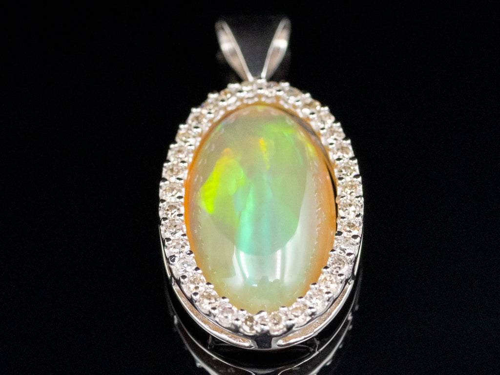 White Gold Opal and Diamond Halo Pendant
