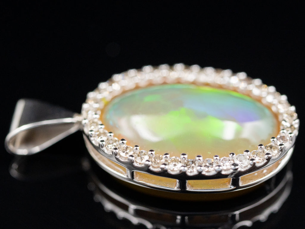 White Gold Opal and Diamond Halo Pendant
