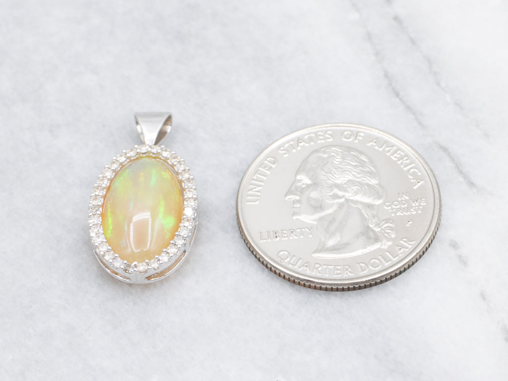White Gold Opal and Diamond Halo Pendant