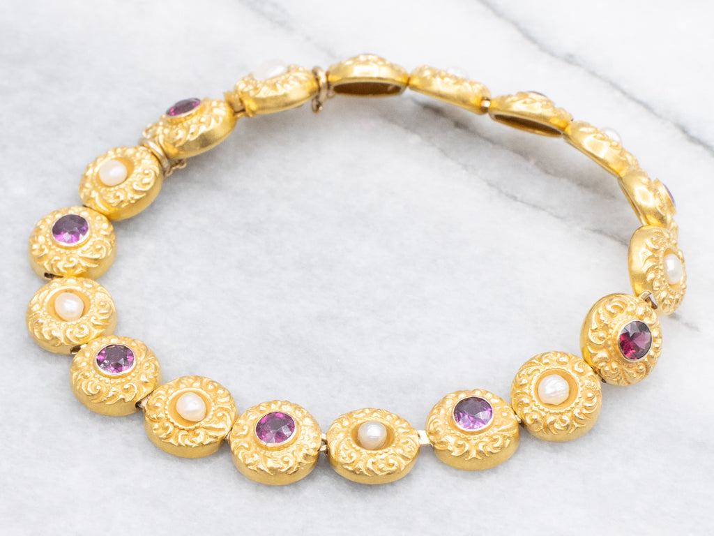 Antique Rhodolite Garnet and Pearl Bloomed Gold Link Chain Bracelet