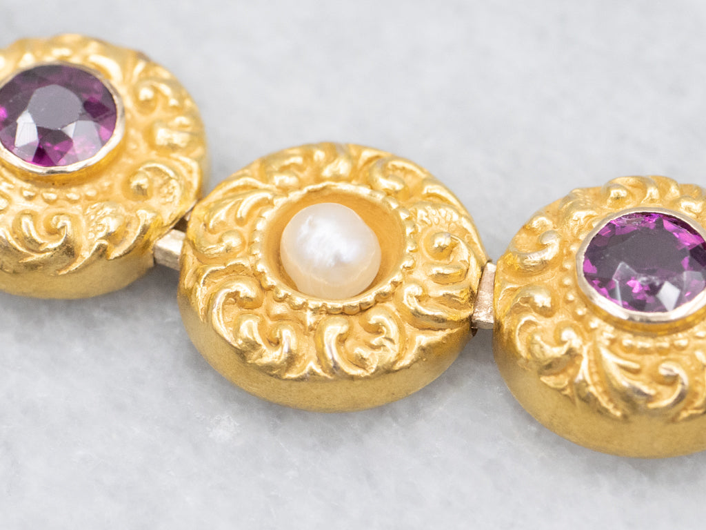 Antique Rhodolite Garnet and Pearl Bloomed Gold Link Chain Bracelet