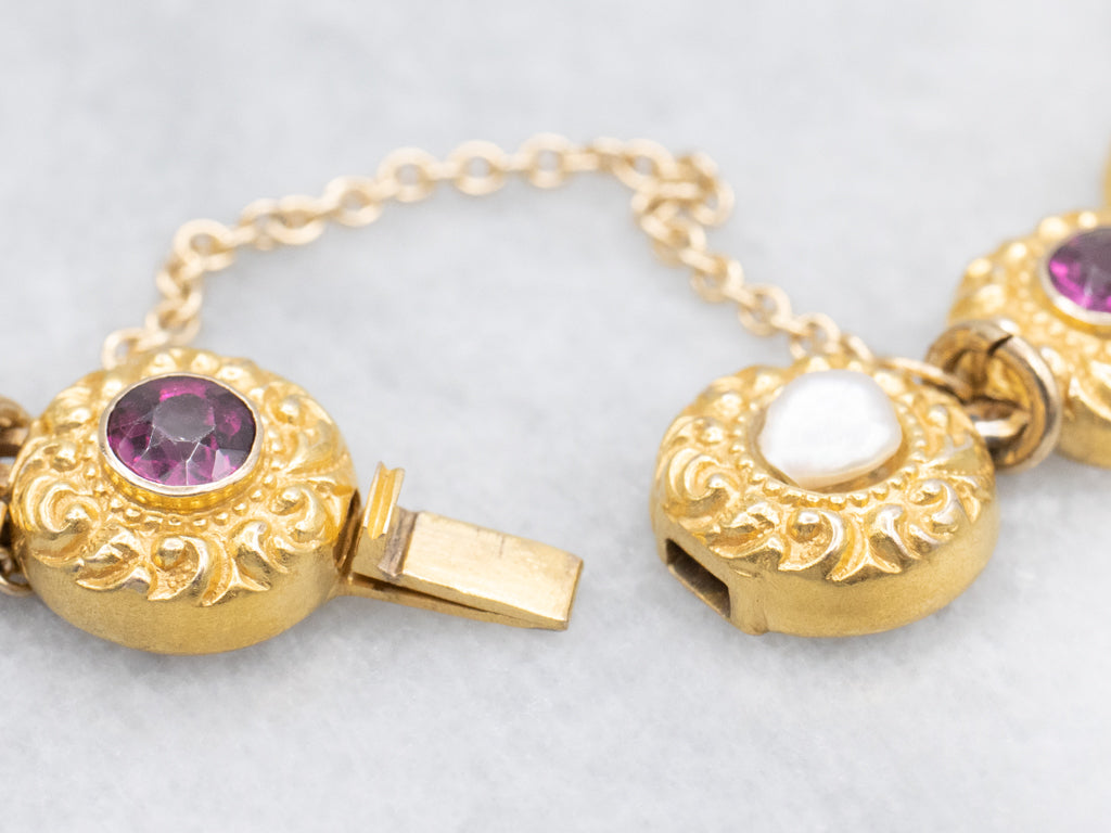 Antique Rhodolite Garnet and Pearl Bloomed Gold Link Chain Bracelet