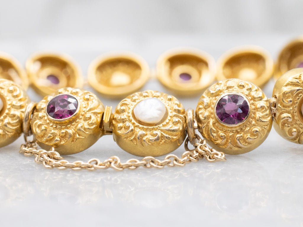 Antique Rhodolite Garnet and Pearl Bloomed Gold Link Chain Bracelet