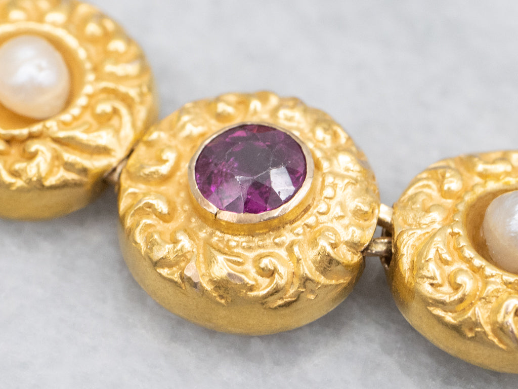 Antique Rhodolite Garnet and Pearl Bloomed Gold Link Chain Bracelet