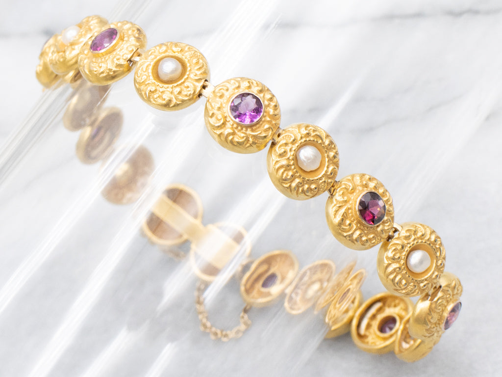 Antique Rhodolite Garnet and Pearl Bloomed Gold Link Chain Bracelet