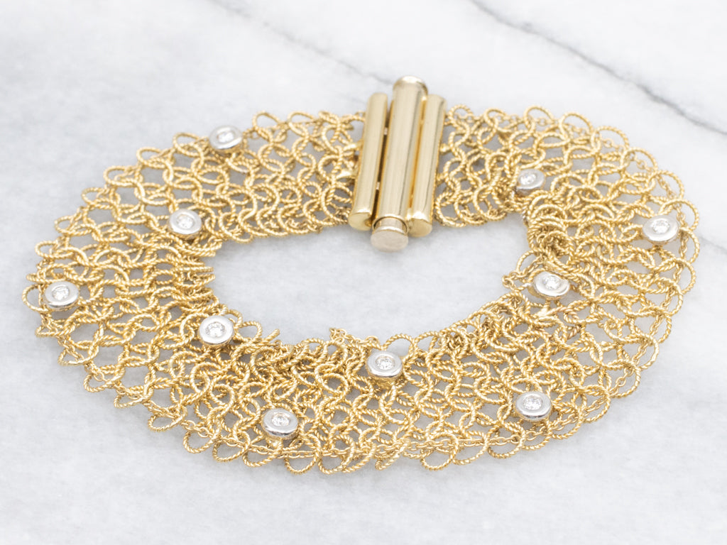Bezel-Set Italian Gold Diamond Mesh-Link Bracelet