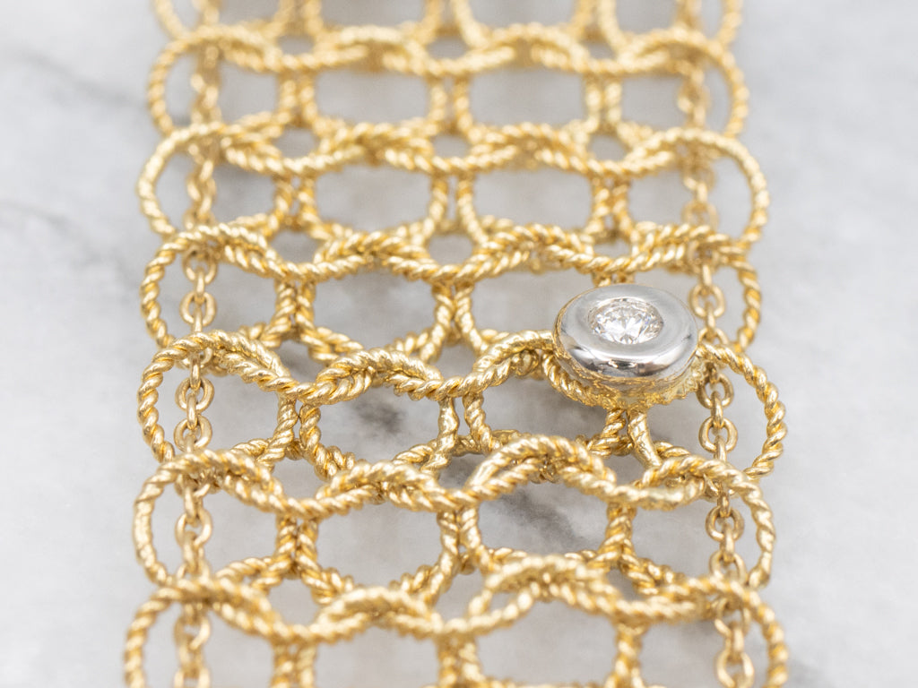 Bezel-Set Italian Gold Diamond Mesh-Link Bracelet