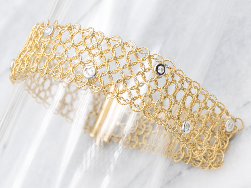 Bezel-Set Italian Gold Diamond Mesh-Link Bracelet