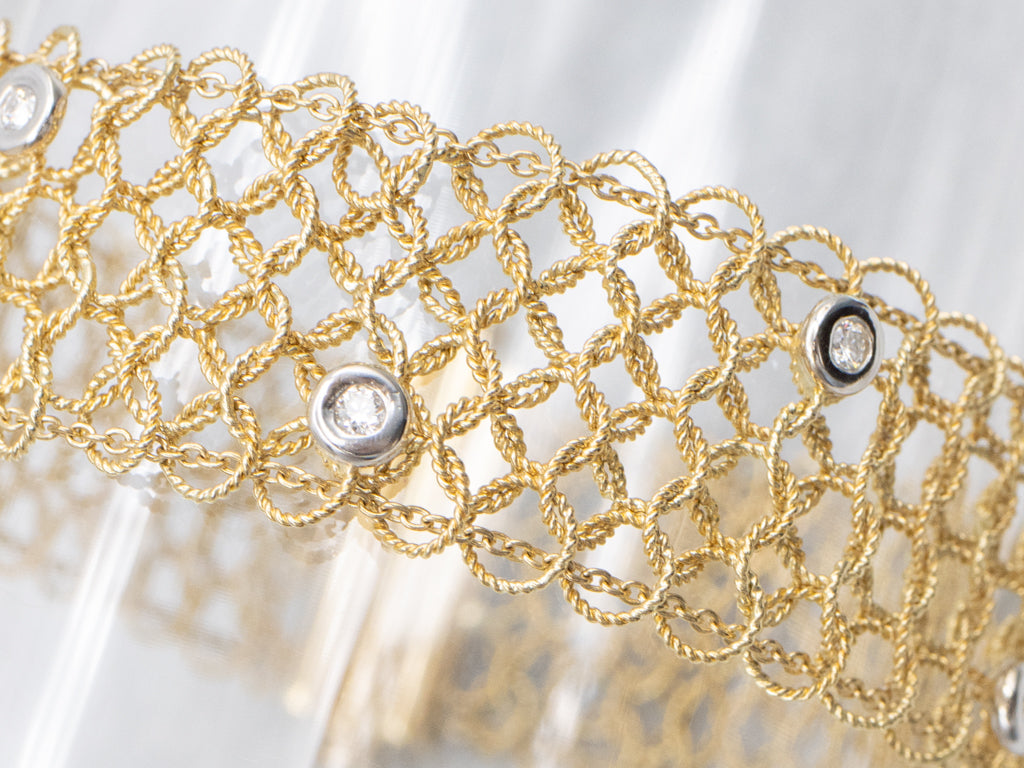 Bezel-Set Italian Gold Diamond Mesh-Link Bracelet